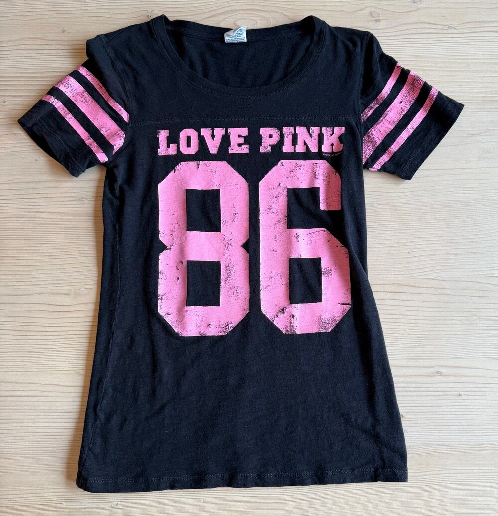 Y2K Victoria's Secret PINK Womens Cotton Modal Black Love Pink 86 Varsity Tee M